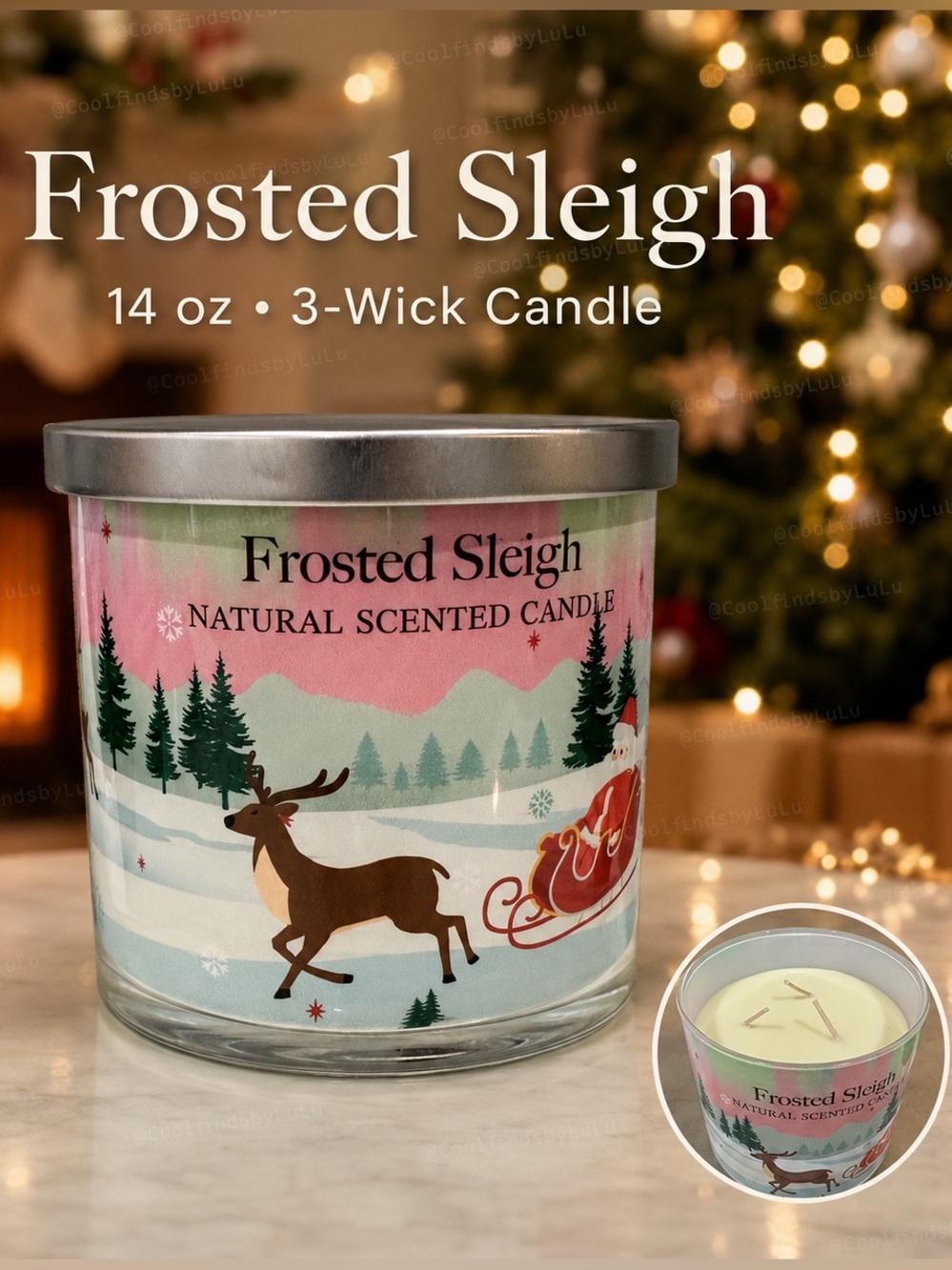 Frosted Sleigh Scented 14 oz 3-Wick Round Jar Candle with Lid Christmas